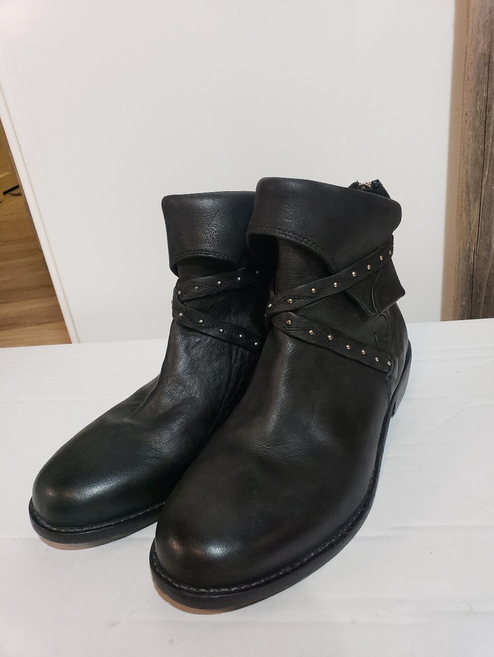 Free People Alamosa Black Silver Studded Ankle Boots Leather Western 7.5-8